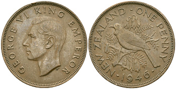Новая Зеландия 1 пенни 1946 птица туи, король Георг VI (1937 - 1952) KM 13 бронза 32-1243
