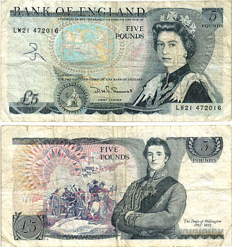 АНГЛИЯ 5 ФУНТОВ 1984-1986 ПОДПИСЬ D.H.F. SOMERSET, БУКВА L Pick 379c бумага 7548-67-1-2