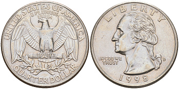 США 25 центов = квотер 1998 D, Вашингтон KM A164a медь плакированная медно-никелем 190-427