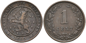 Нидерланды 1 цент 1899 Вильгельмина (1890-1948) KM 107 бронза 4576-637