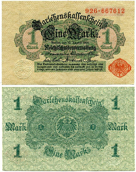 Германия 1 марка 1914 красная серия, выпуск 1917 Pick 51, Розенберг 51с бумага 7547-61-2