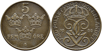 Швеция 5 эре 1935 Густав V (1907-1950) KM 779.2 бронза 4394-931