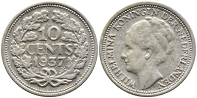 Нидерланды 10 центов 1937 Вильгельмина I (1890-1948) КМ 163 серебро 4387-724