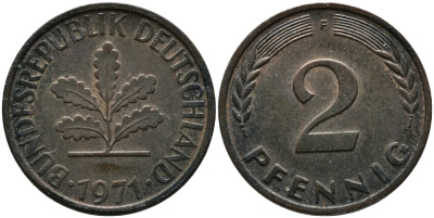 ФРГ 2 пфеннига 1971 F KM 106а, J.381а сталь плакированная медью 99-212