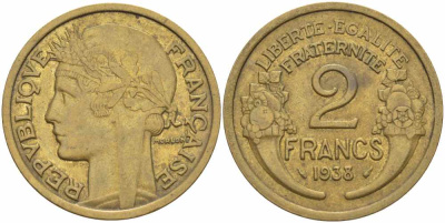 ФРАНЦИЯ 2 ФРАНКА 1938 ТРЕТЬЯ РЕСПУБЛИКА (1871-1940) KM 886, LE FRANC 268.11 алюминиевая бронза 23-115