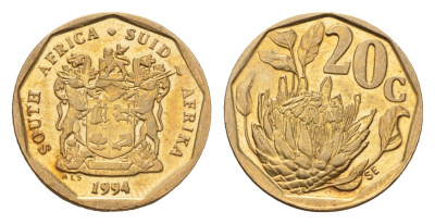 ЮАР 20 центов 1994 KM 136 сталь плакированная латунью UNC 4643-316