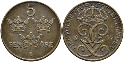 Швеция 5 эре 1935 Густав V (1907-1950) KM 779.2 бронза 4394-931