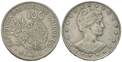 Бразилия 100 рейс 1901 голова свободы вправо KM 503 медно-никель 4615-611
