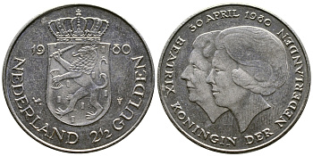Нидерланды 2 1/2 гульдена 1980 коронация Беатрикс, 30 апреля 1980 KM 201 никель 4542-536