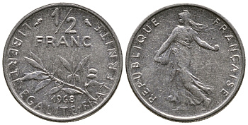 ФРАНЦИЯ 1/2 ФРАНКА 1968 СЕЯТЕЛЬ KM 931.1 никель 26-966