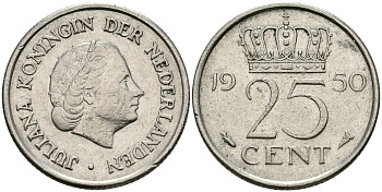 НИДЕРЛАНДЫ 25 ЦЕНТОВ 1950 ЮЛИАНА KM 183 никель 96-119