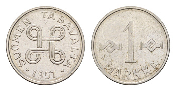 Финляндия 1 марка 1957 KM 36a железо плакированное никелем 4647-434