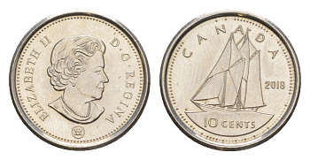 Канада 10 центов 2018 Leaf, Елизавета II (1952-2022), парусник KM 492 сталь плакированная никелем UNC 4630-912
