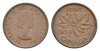 Канада 1 цент 1959 Елизавета II (1952-2022), кленовый лист KM 49 бронза 4630-535