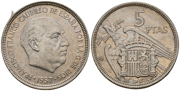 Испания 5 песет 1957 (75) Франсиско Франко (1939-1975) KM 786 медно-никель 186-1036