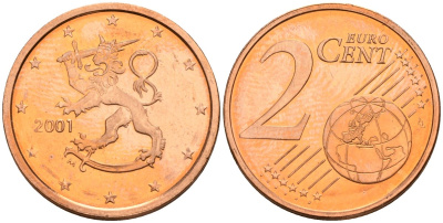 Финляндия 2 евроцента 2001 KM 99 сталь плакированная медью UNC M50-18