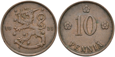 Финляндия 10 пенни 1929 республика (1918-1962) KM 24 медь 4563-615