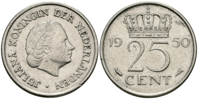 НИДЕРЛАНДЫ 25 ЦЕНТОВ 1950 ЮЛИАНА KM 183 никель 96-119