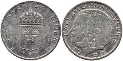 Швеция 1 крона 1999 Карл XVI Густав (1973- ) KM 852a медно-никель 89-546