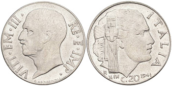 ИТАЛИЯ 20 ЧЕНТЕЗИМО 1941 R, ГОД XIX, ВИКТОР ЭММАНУИЛ III (1900-1946) KM 75b, VEM3. 1028 нержавеющая сталь 3853-1021