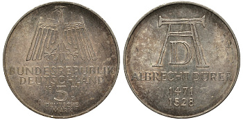 ФРГ 5 МАРОК 1971 D, 500 ЛЕТ СО ДНЯ РОЖДЕНИЯ АЛЬБРЕХТА ДЮРЕРА KM 129, J. 410 серебро 413-4722