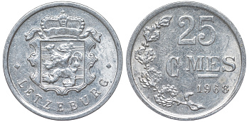 Люксембург 25 сантимов 1968 KM 45a.1 алюминий 4532-1055