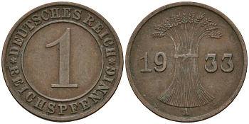 Германия 1 рейхспфенниг 1933 A KM 37, J. 313 бронза 4189-1159