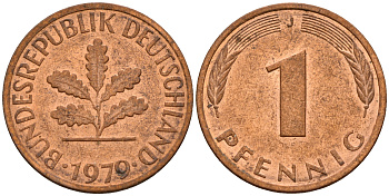 ФРГ 1 пфенниг 1979 J KM 105, J. 380 сталь плакированная медью    4598-565