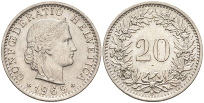 Швейцария 20 раппенов 1969 В KM 29а медно-никель 55-914