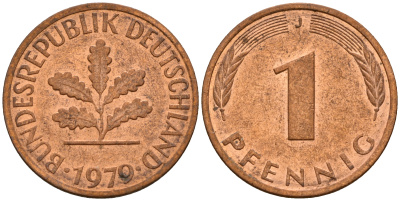 ФРГ 1 пфенниг 1979 J KM 105, J. 380 сталь плакированная медью    4598-565