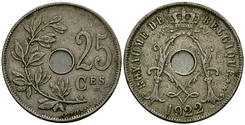 Бельгия 25 сантимов 1922 Belgique KM 68 медно-никель 4168-1245