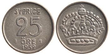 Швеция 25 эре 1952 TS, Густав VI Адольф (1950-1973) KM 824 серебро 4179-868