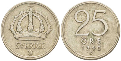 Швеция 25 эре 1943 G, Густав V (1907-1950) KM 816 серебро 116-1132