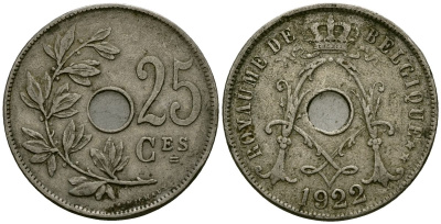 Бельгия 25 сантимов 1922 Belgique KM 68 медно-никель 4168-1245