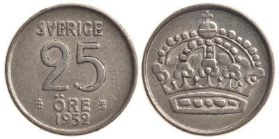 Швеция 25 эре 1952 TS, Густав VI Адольф (1950-1973) KM 824 серебро 4179-868