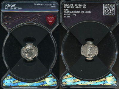 Римская Империя денарий 141-161 Фаустина Старшая, жена Антонина Пия, посмертная чеканка, DIVA FAVSTINA, бюст императрицы/AETERNITAS, персонификация Вечности, Рим, в слабе RNGA - MS RIC 344 серебро 15-004-10