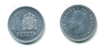 ИСПАНИЯ 1 ПЕСЕТА 1987 ХУАН КАРЛОС I (1975-) KM 821 алюминий 54-238