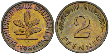 ФРГ 2 пфеннига 1961 J KM 106, J.381 бронза aUNC 4576-855
