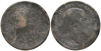 ИСПАНИЯ 5 СЕНТИМО 1878 OM, АЛЬФОНСО XII (1874-1885) KM 674(Y69) бронза 34-552