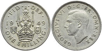 Великобритания 1 шиллинг 1949 Георг VI (1936-1952), Шотландский герб KM 877, Spink 4109 медно-никель 4395-1215