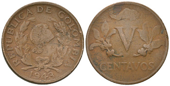 Колумбия 5 сентаво 1945 KM 206 бронза 4611-851