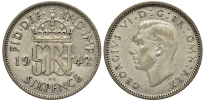 Великобритания 6 пенсов 1942 Георг VI (1936-1952) KM 852, Spink 4084 серебро 4538-522