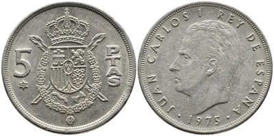 ИСПАНИЯ 5 ПЕСЕТ 1975 (77) ХУАН КАРЛОС I KM 807 медно-никель 4393-237