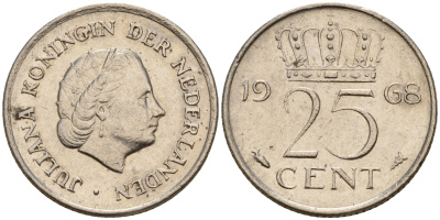 Нидерланды 25 центов 1968 Юлиана (1949-1980) KM 183 никель    4598-429