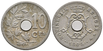 БЕЛЬГИЯ 10 САНТИМОВ 1905 BELGIE KM 53 медно-никель 4364-3714
