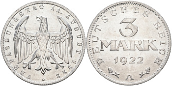 Германия 3 марки 1922 A, третья годовщина Веймарской Конституции KM 29, J.303 алюминий UNC 4587-321