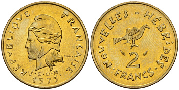 Французские Новые Гебриды 2 франка 1975 заморские территории KM 5.2 никель-латунь 4154-214