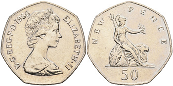 Великобритания 50 пенсов 1980 Елизавета II (1952-2022) KM 913, Spink 4223 (H1) медно-никель aUNC 88-542