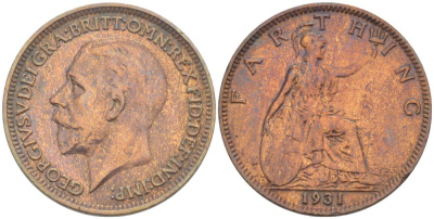 Великобритания 1 фартинг 1936 Георг V (1910-1936) KM 825, Spink 4061 бронза 4543-1045
