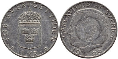 Швеция 1 крона 1989 Карл XVI Густав (1973- ) KM 852a медно-никель 4397-1246